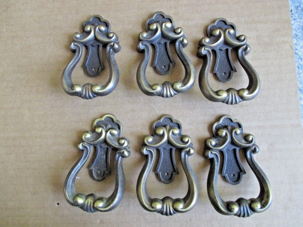 6 MId Century Modern  brass  drawer pull Cabinet Knob Drop ring pull