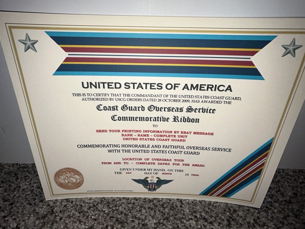 COAST GUARD OVERSEAS SERVICE COMMEMORATIVE CERTIFICATE ~ W/PRINTING TYPE-1