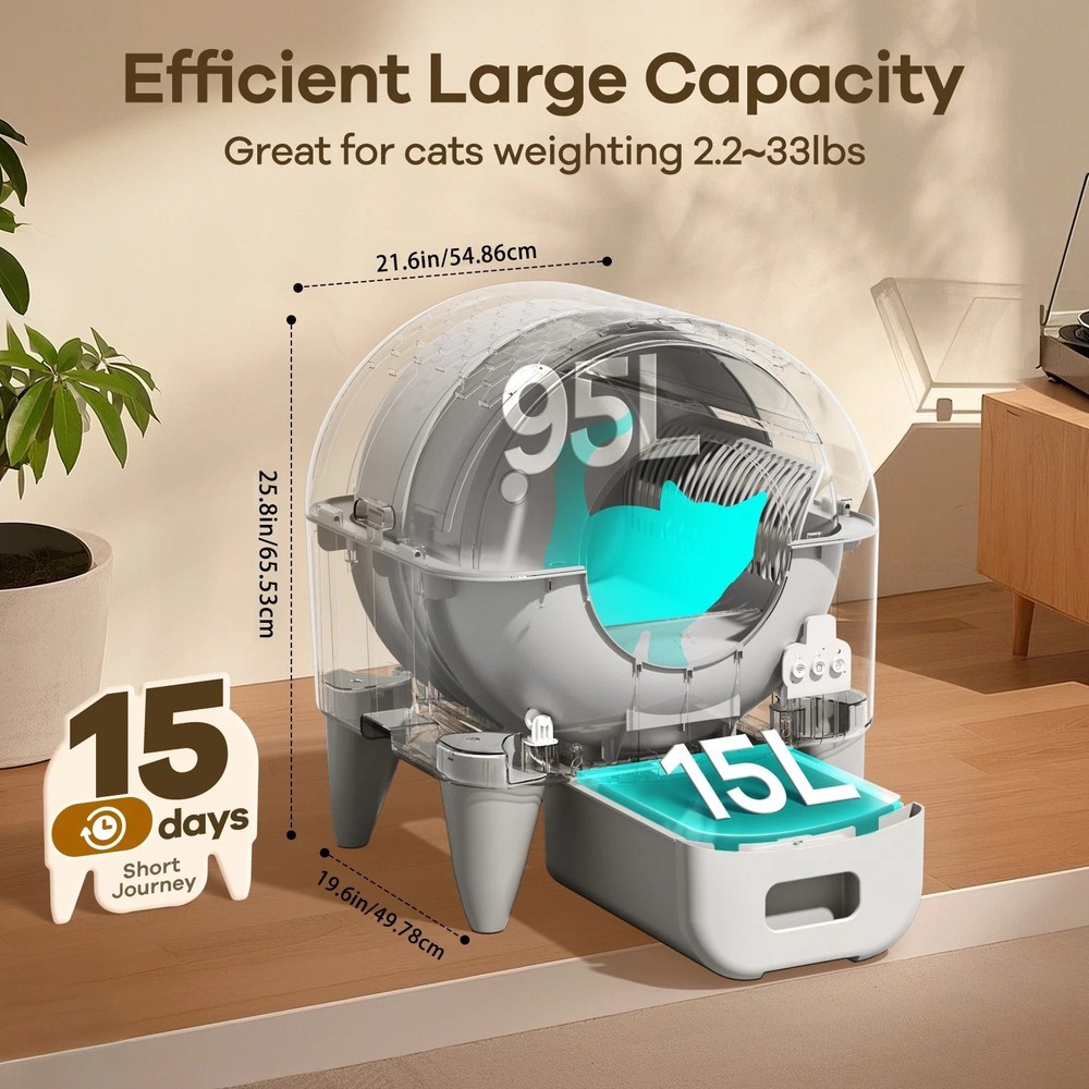 Used 95L Automatic Cat Litter Box, APP Control, Odor Control, Safety Sensor