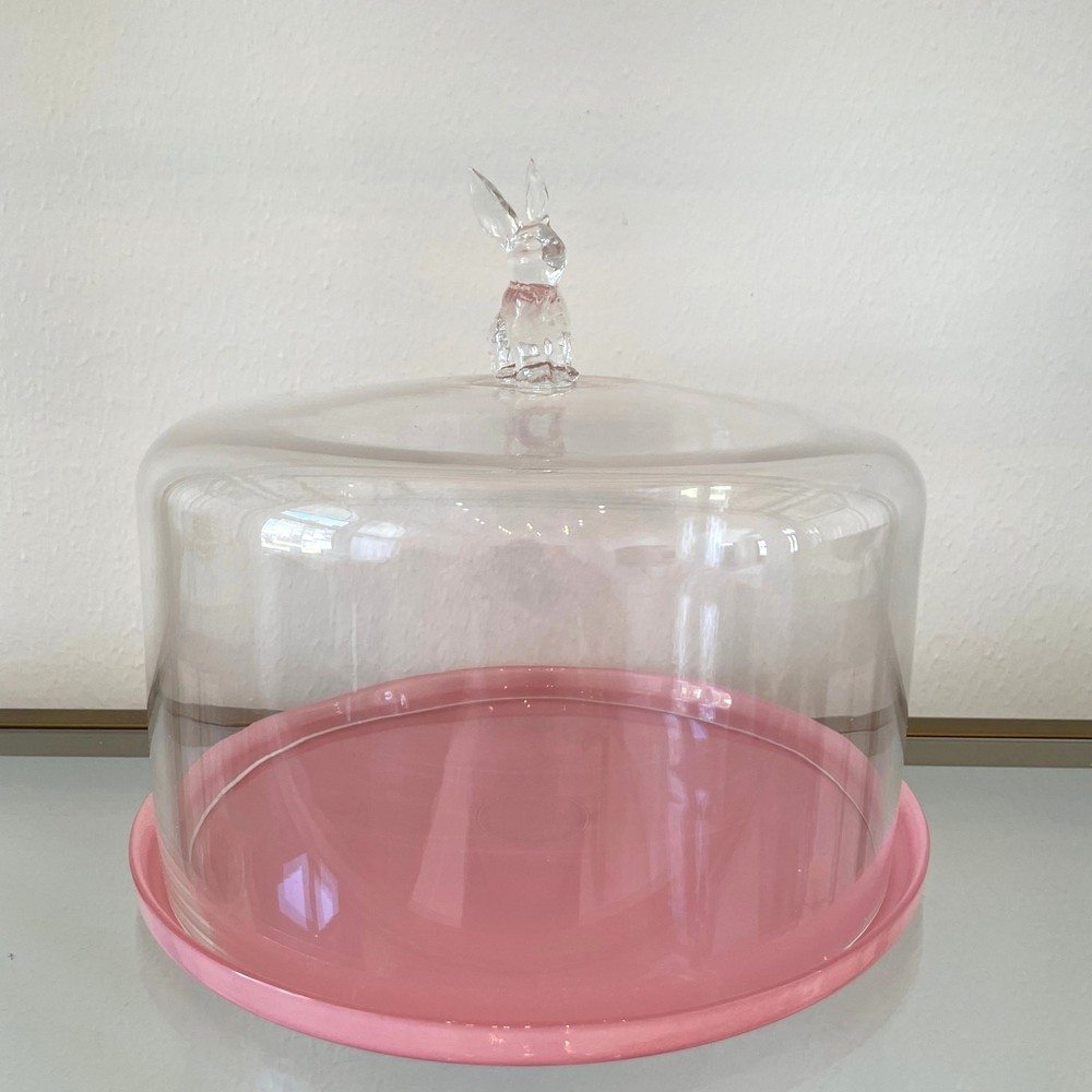 Pink Glass Bunny Cake Dome 11x12 Chic Easter Decor NEW