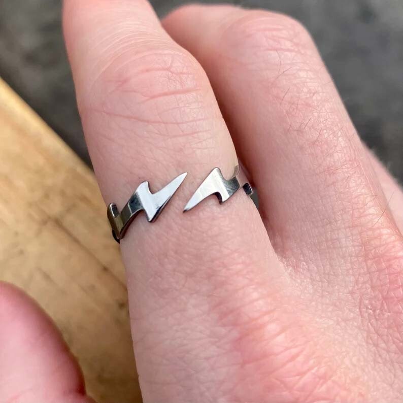 Solid 925 Sterling Silver Men’s Lightning Bolt Ring Adjustable Band Gift For Him