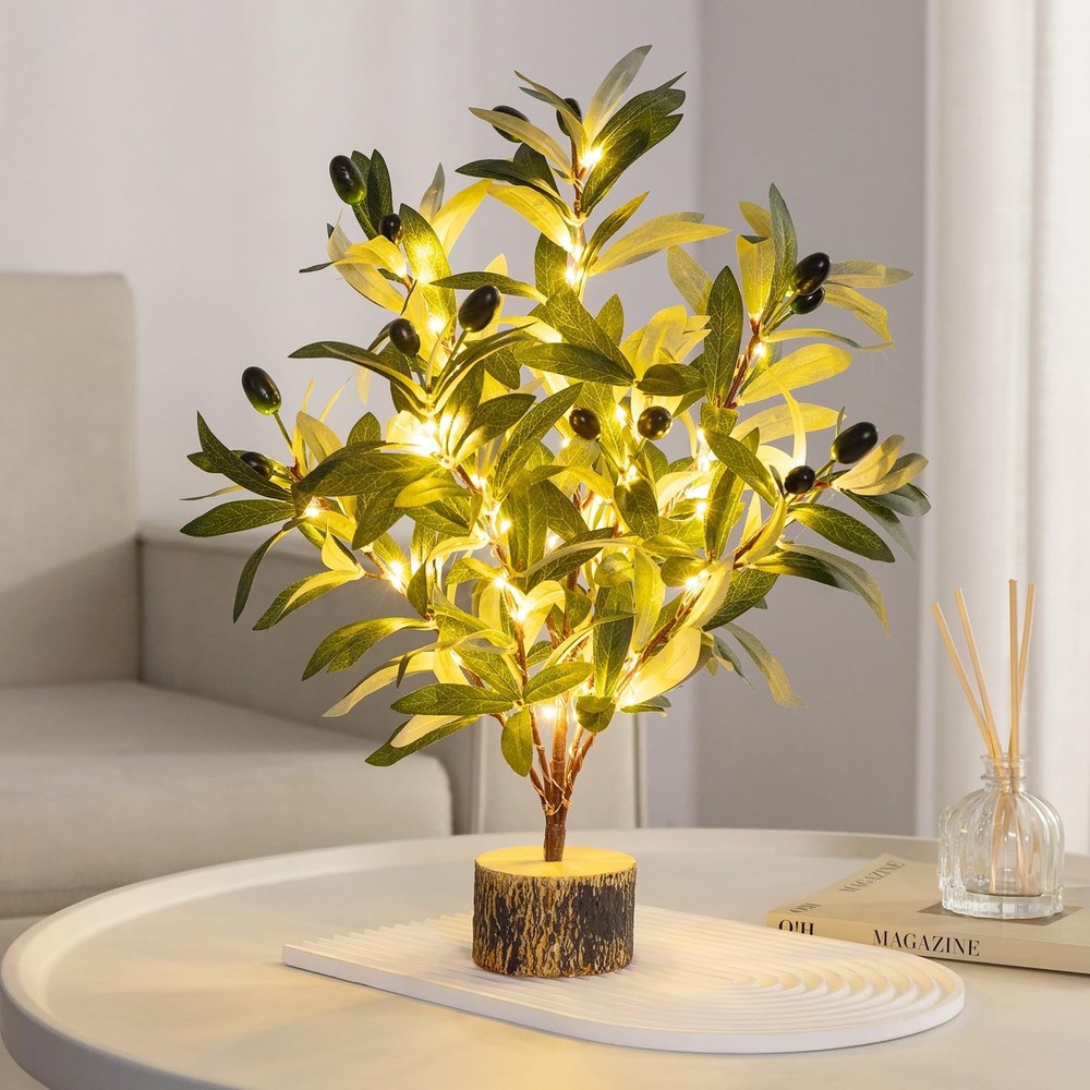 Lighted Tabletop Olive Tree, Artificial Greenery Tree Indoor 19IN 49 Warm Whi...