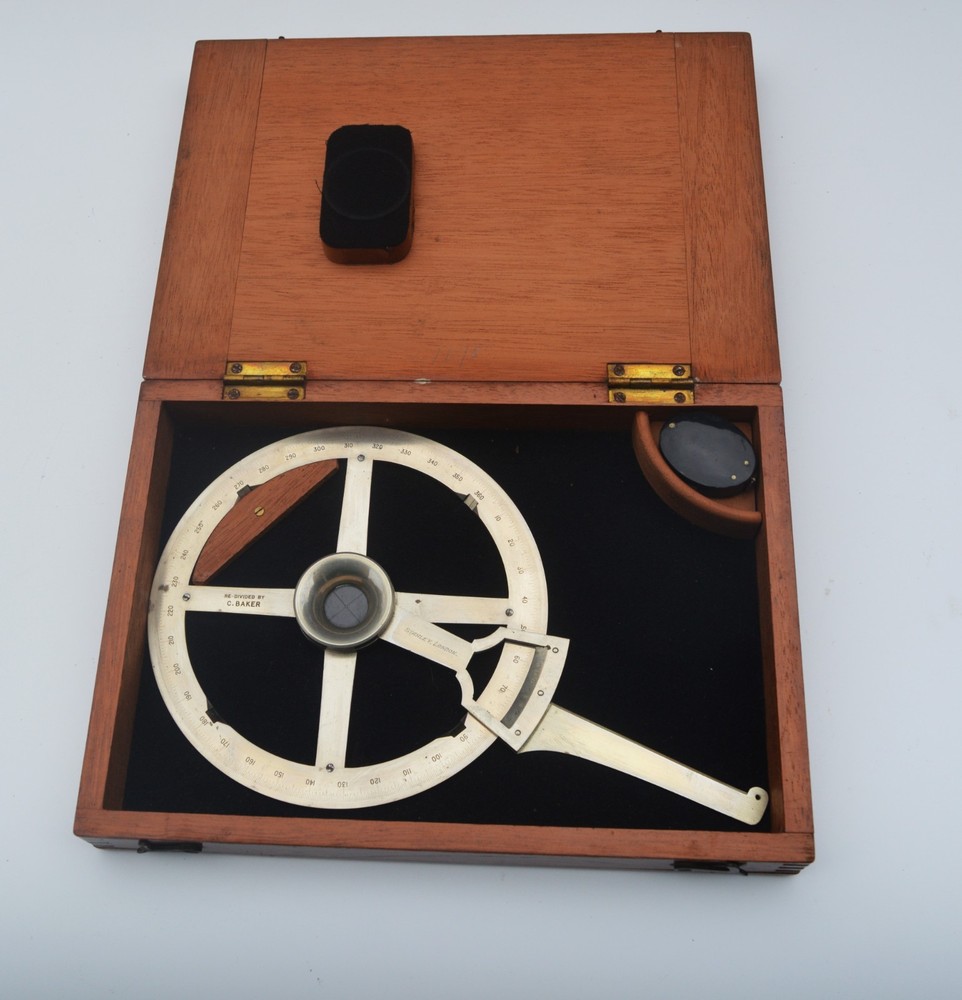 Nickel silver single arm protractor in case – Stanley.