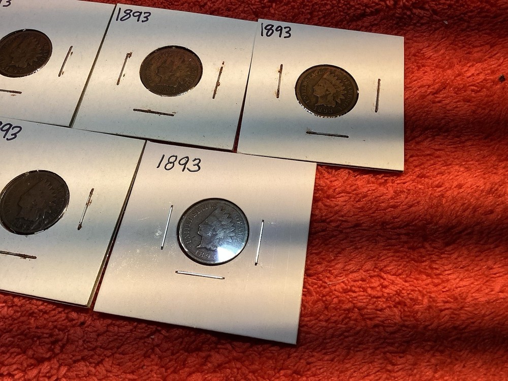 FIVE 1893 INDIAN HEAD PENNIES