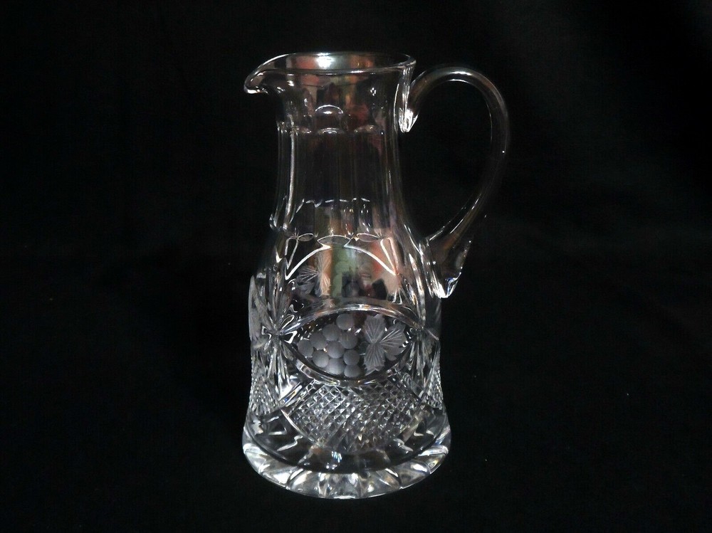 Vintage Cut Crystal Glass Clear Etched Pitcher 8-3/4" - Unique Design!