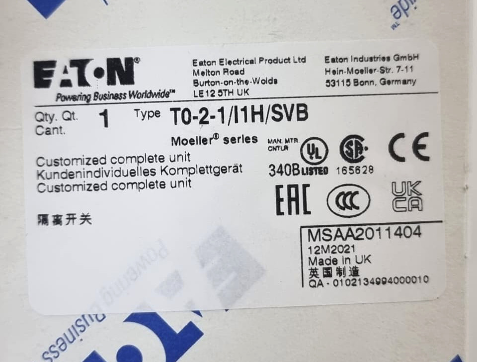 EATON T0-2-1/I1H/SVB Surface Mounting Main Switch