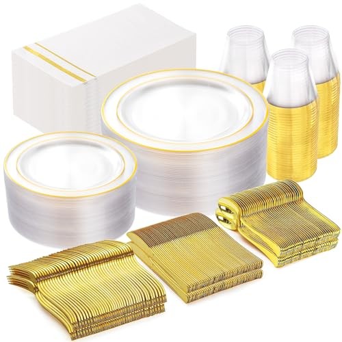 350PCS Gold Plastic Plates - Disposable Gold Dinnerware Sets 50 Guest Clear