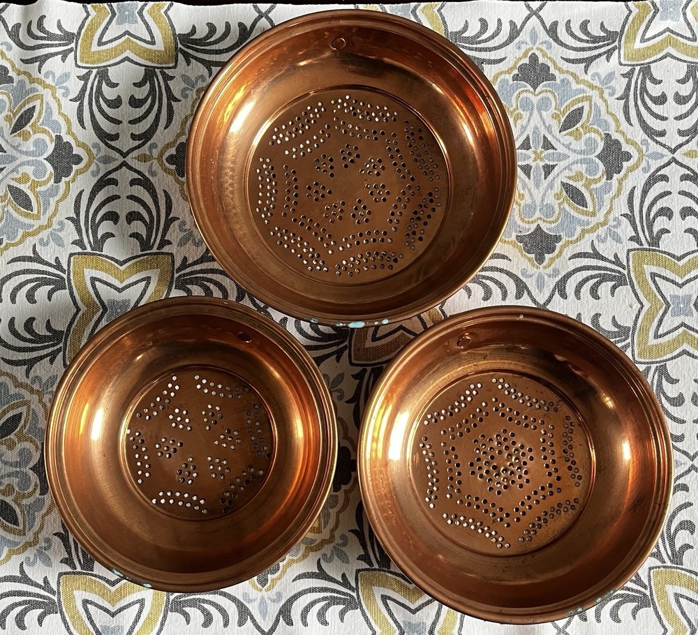 3 Vintage Solid Copper Sieve Strainer Colander Patina Verdigris With Brass Ring