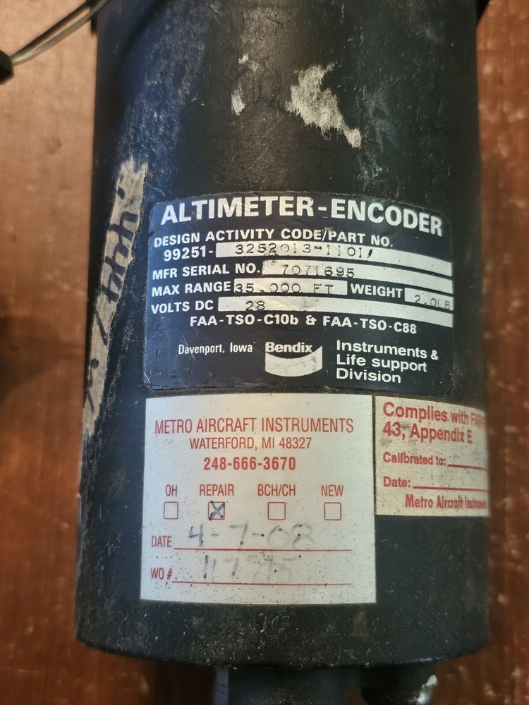Bendix Altimeter Encoder Indicator 28V PN 99251-3252013-1101 Aviation Gauge