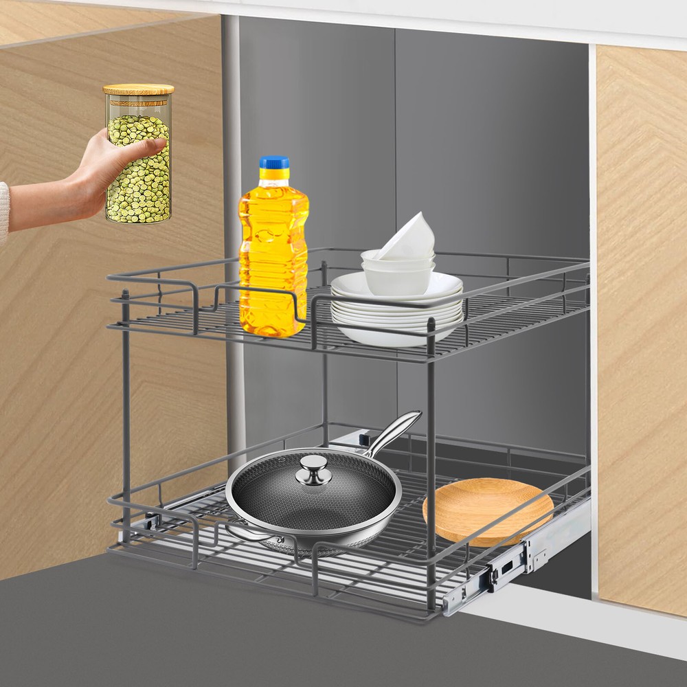 2-Tier Kitchen Cabinet Pull Out Shelf and Drawer Organizer Slide Out Gray/Silver