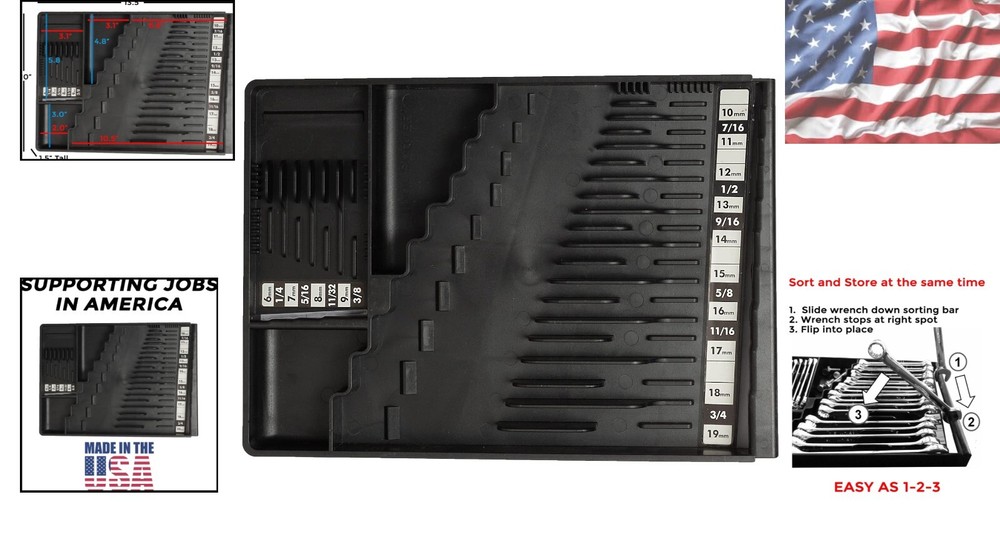 Black Rectangular Wrench Organizer - Efficient Tool Sorting for Professionals