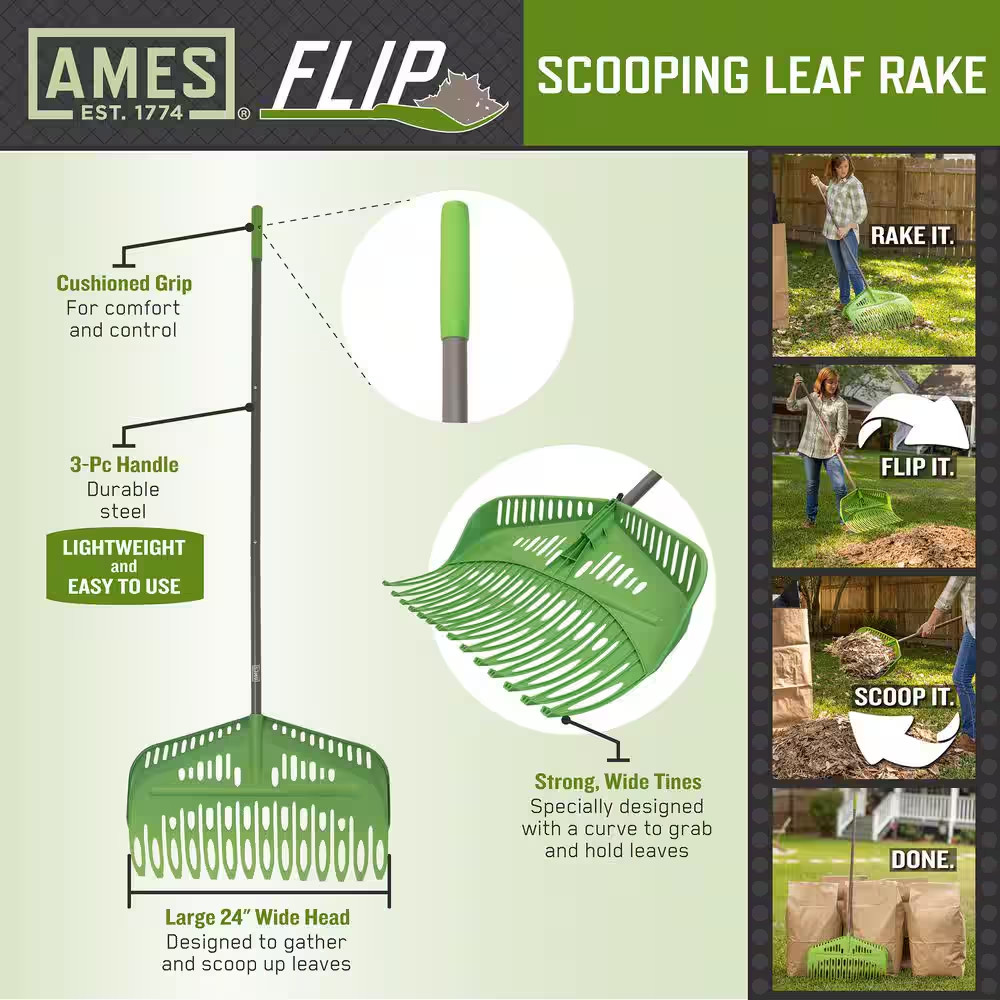 FLIP 54.25 In. Steel Handle Poly Scooping Leaf Rake NEW