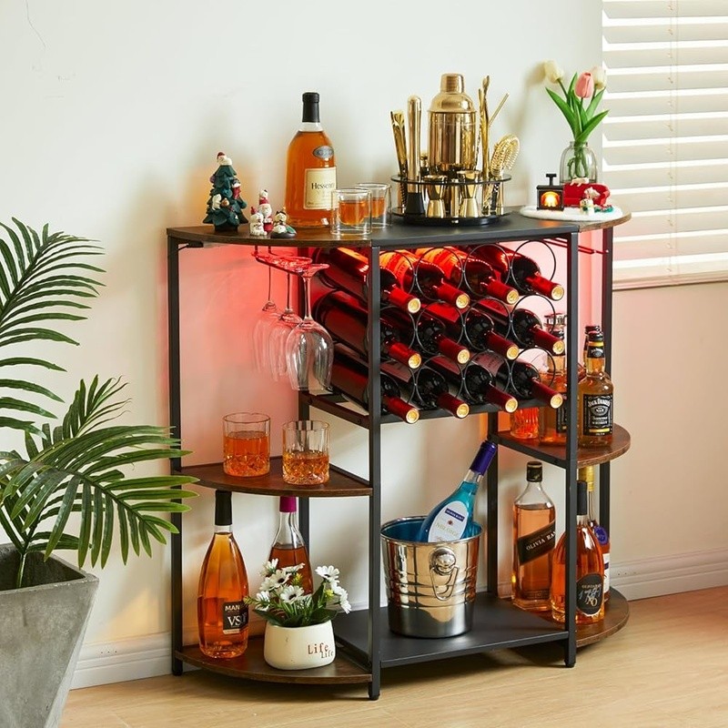 Smart LED Wine Bar Cabinet W/ Storage Glasses & Bottles Multi-Functional Decor