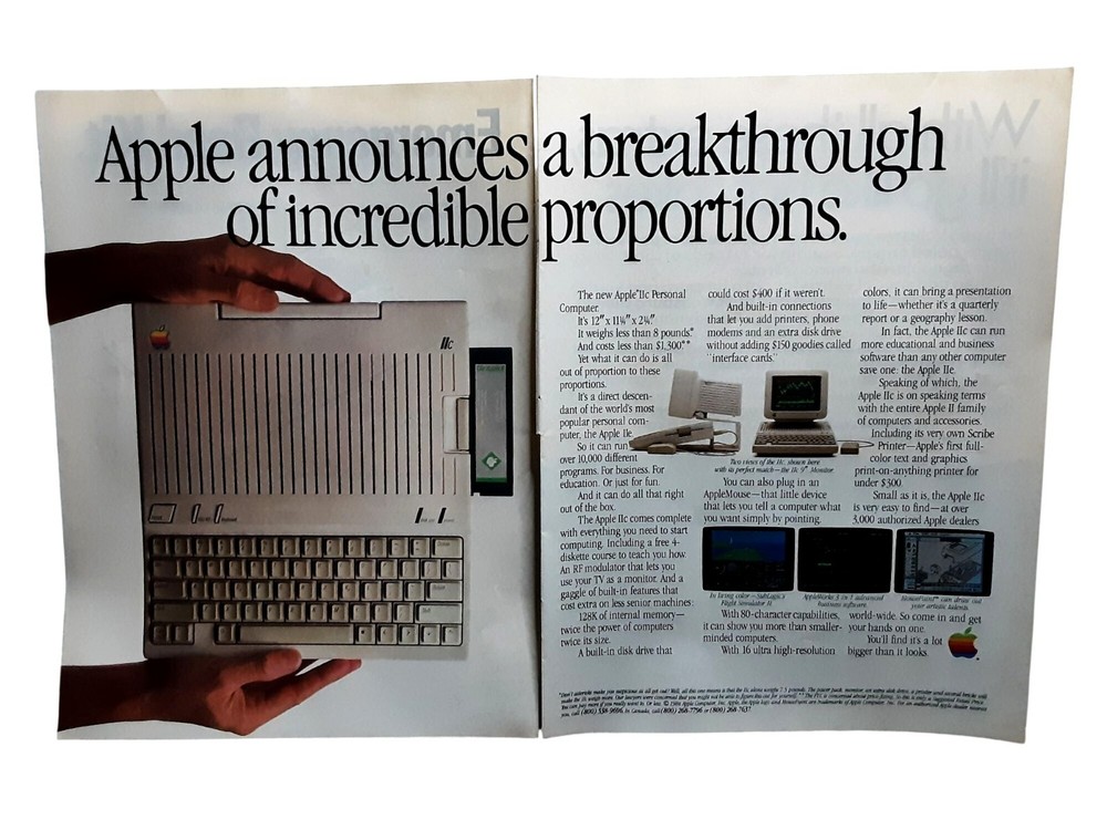 Vintage 1984 Apple IIc Computer Double Page Print Ad Personal Computer
