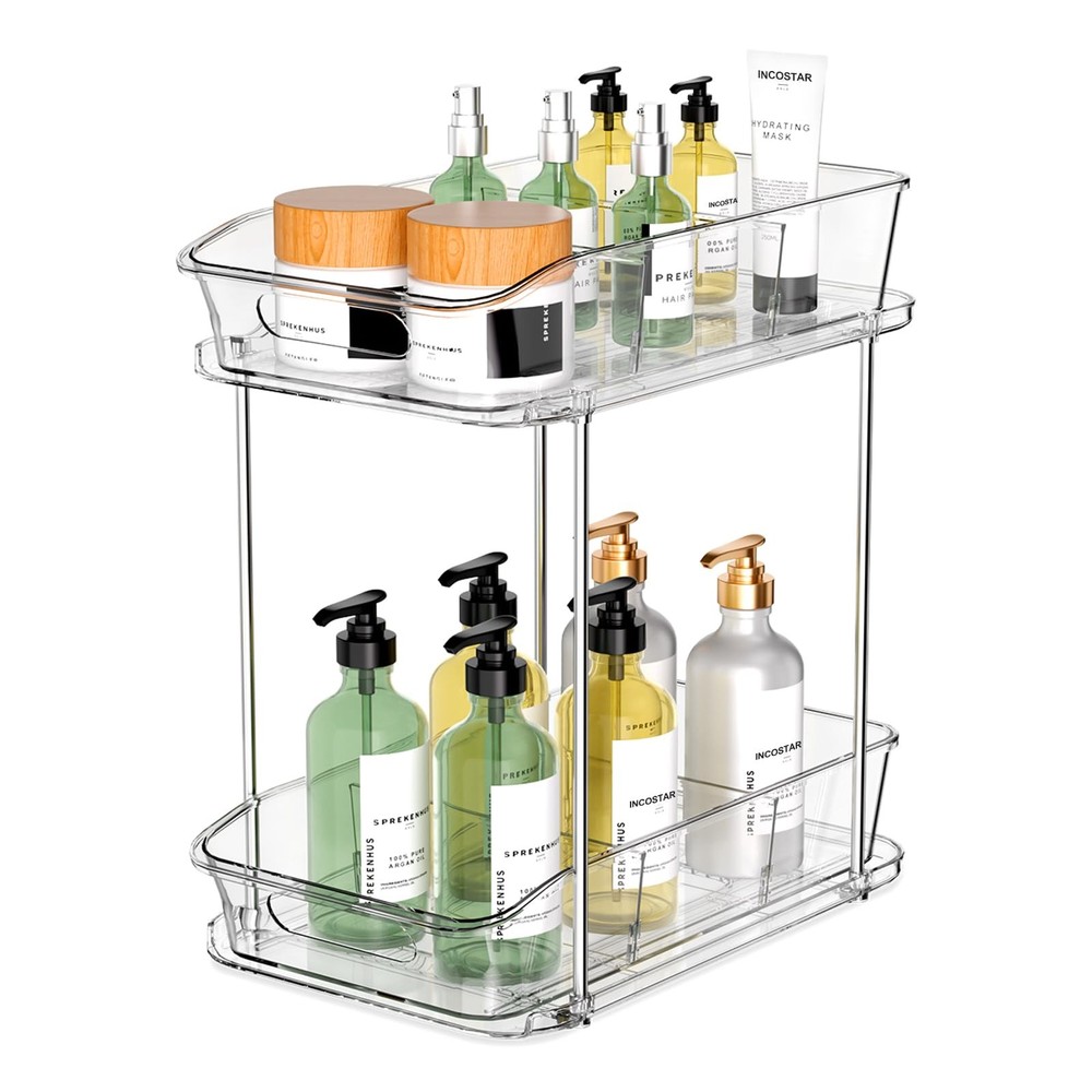 2 Tier Pull-Out Organizer for Bathroom Kitchen, Under Sink Storage with Divid...