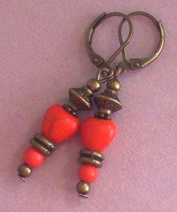 orange HEART BRONZE DROP earring leverback handcrafted