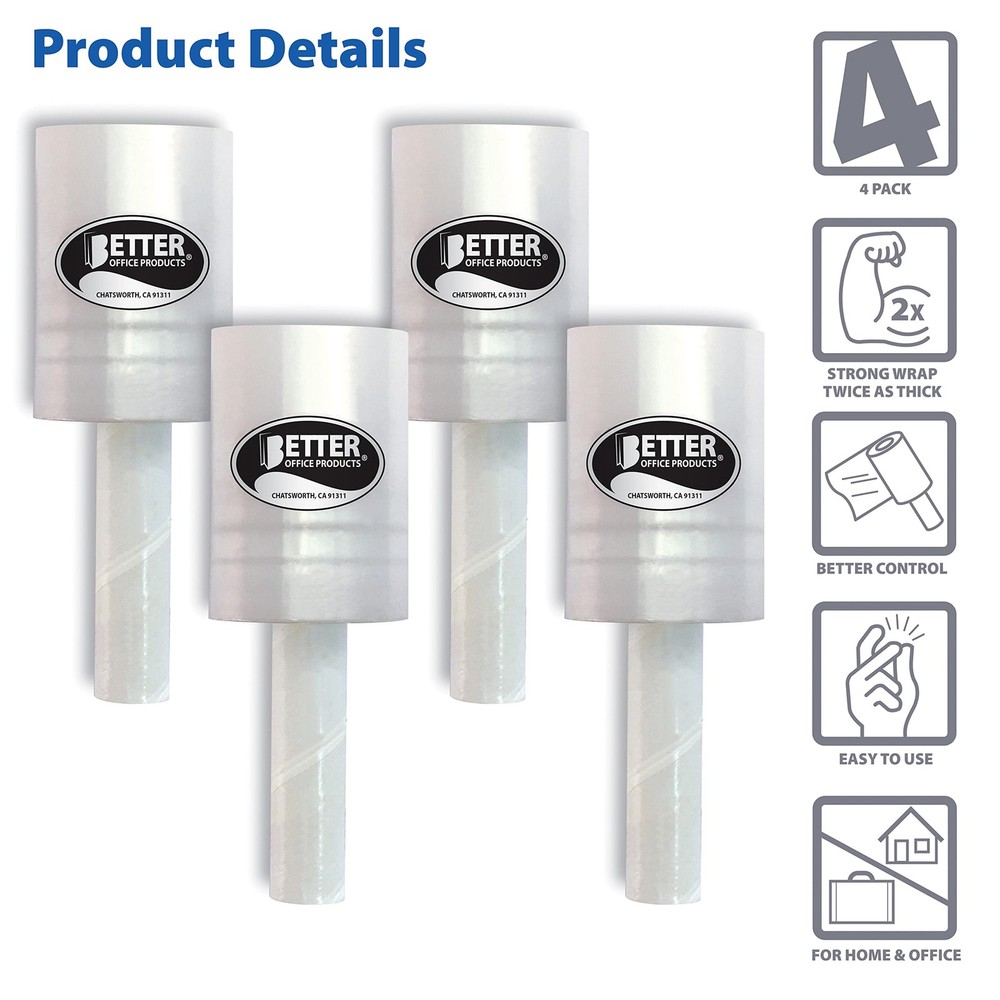 4 Pack Mini Stretch Wrap with Easy Grip Handle, Self-Dispensing, 5 in x 1000 ...