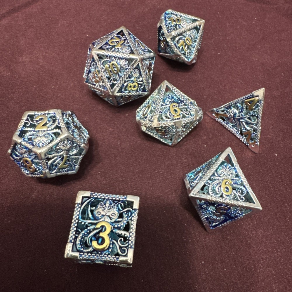 Silver & Blue Octopus Hollow Metal Polyhedral Dice Set - RPG DND E
