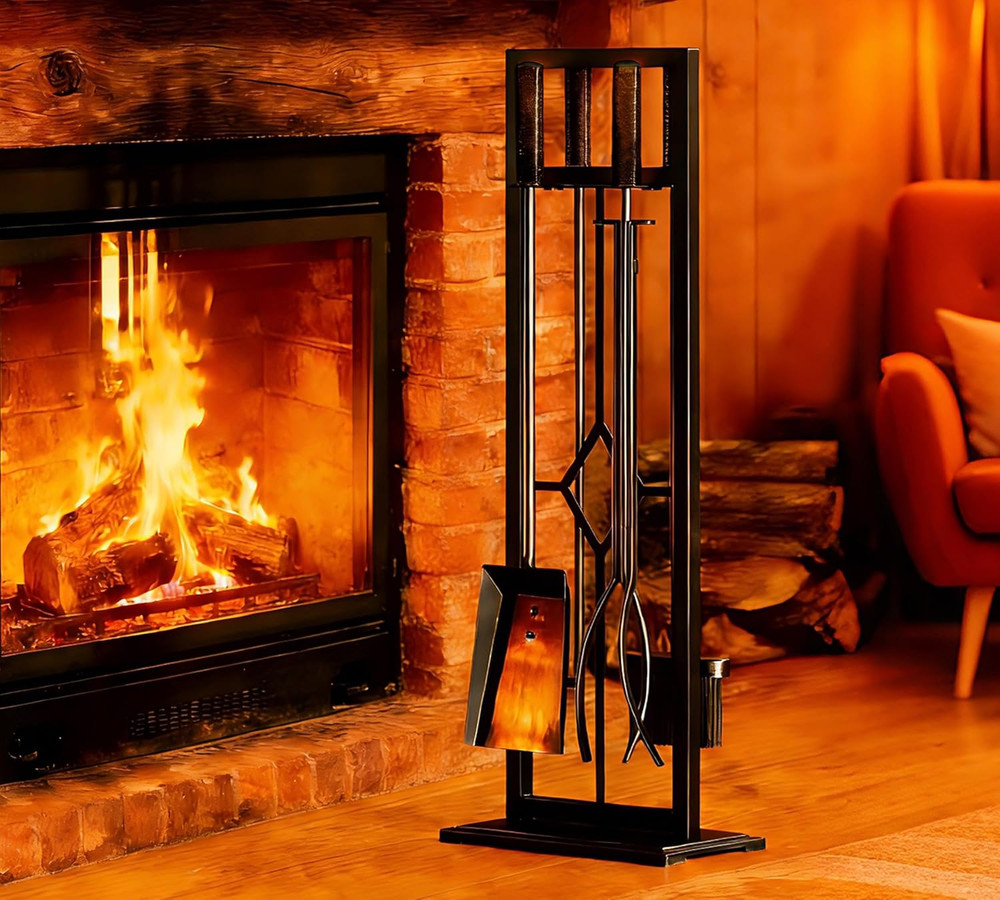 5 Pieces Fireplace Tools Set Wrought Iron Fire Place Pit Poker Holder(Black)