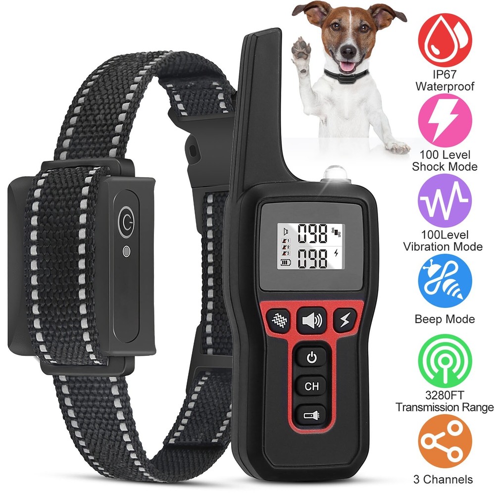 3200FT Remote Dog Shock Training Collar Rechargeable Pet Trainer w/ Flashlight