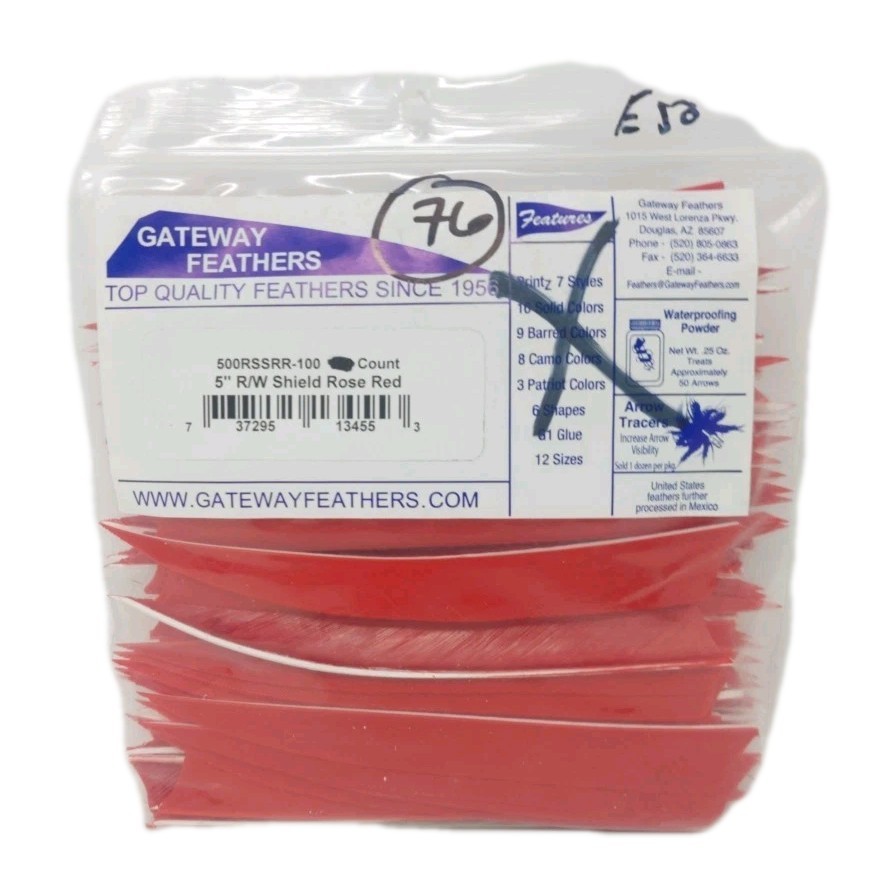 76 Count Gateway Archery Arrow Feathers 5" Right Wing: Shield Rose Red