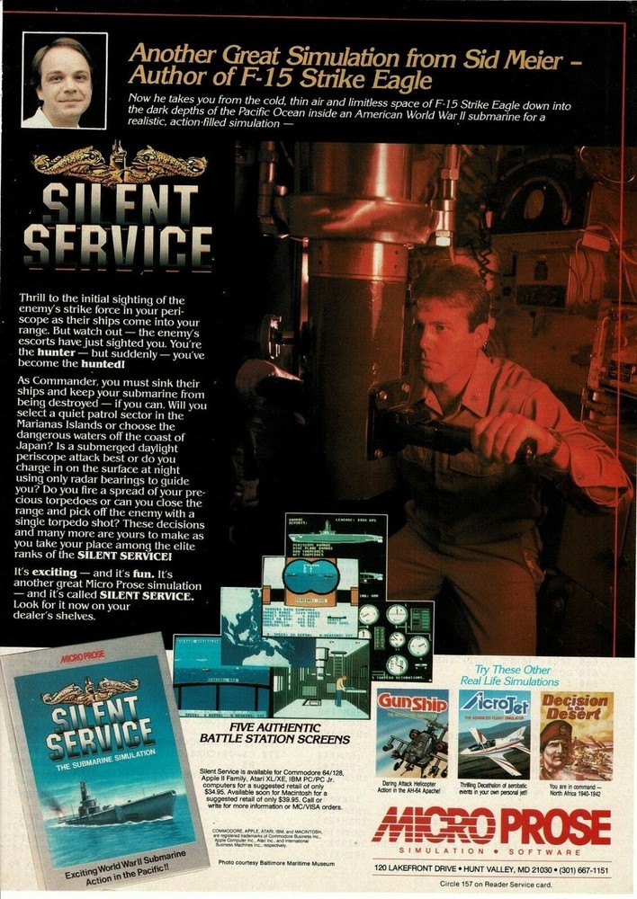 1985 MicroProse Silent Service Computer VideoGame Submarine Sim Vintage Print Ad