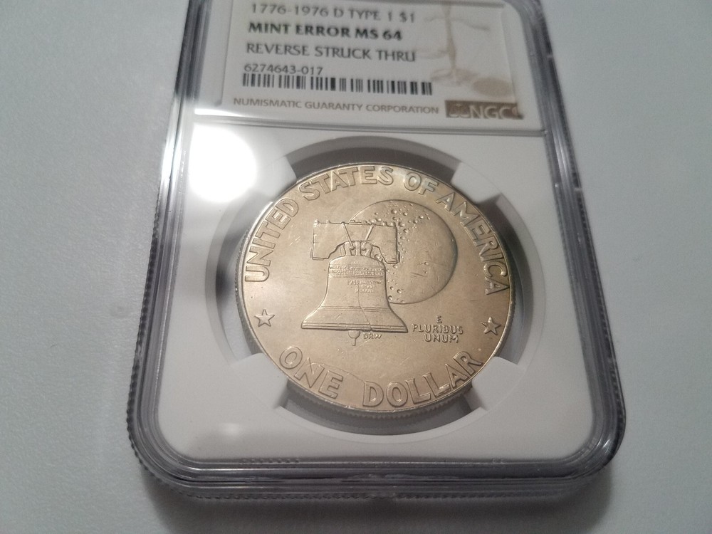 1976 D Eisenhower Dollar IKE NGC MS 64 Reverse Struck Thru Mint Error Through