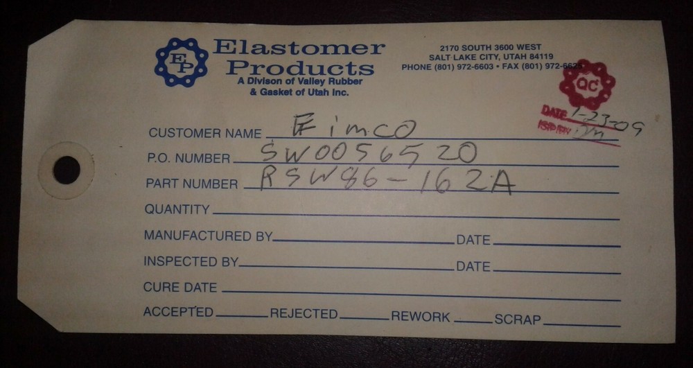 ELASTOMER Rubber Product 1/2" x 12" × 162" RSW 86 - 162A