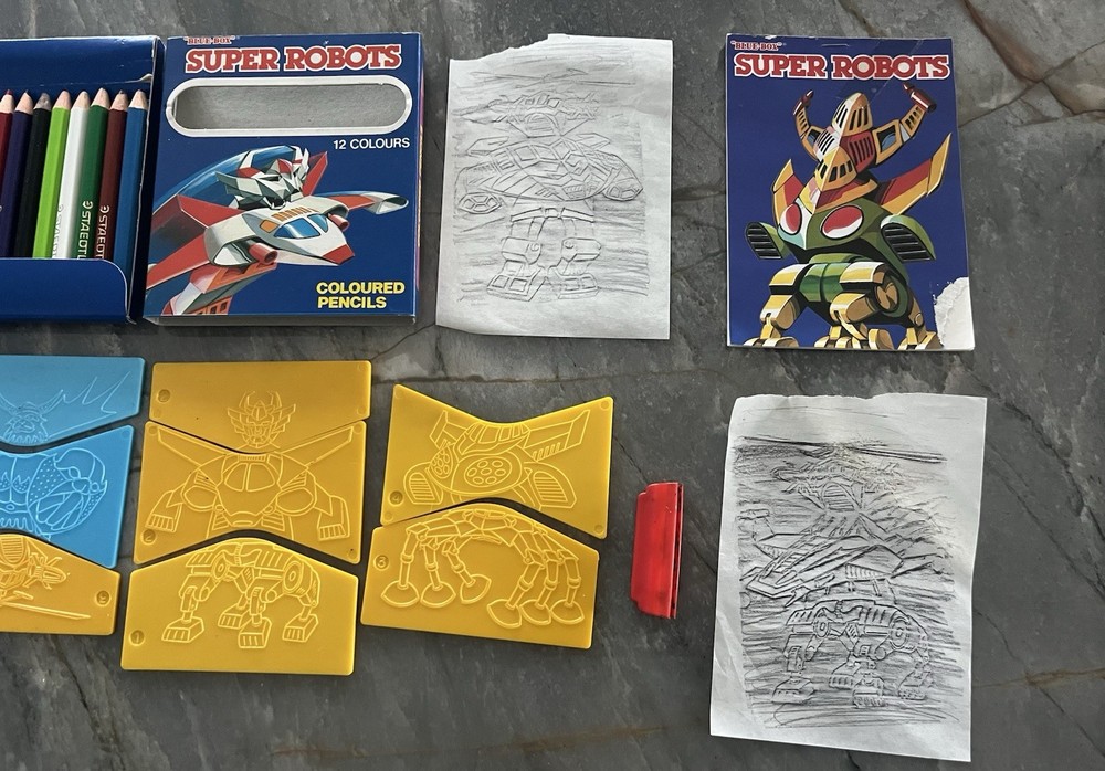 Blue Box Super Robots Stencils And Colored Pencils “SEE PICS”