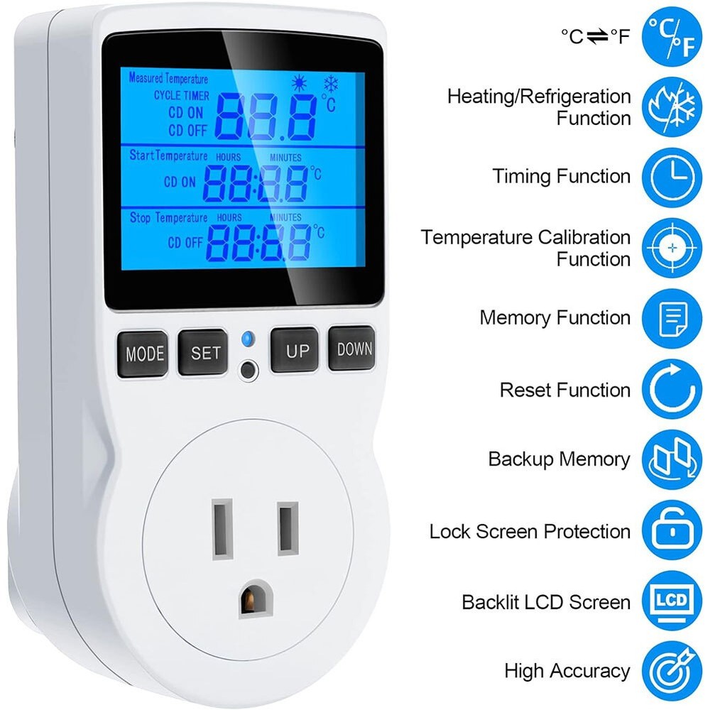 Digital Thermostat Outlet Plug Temperature Controller Heating Cooling with Probe