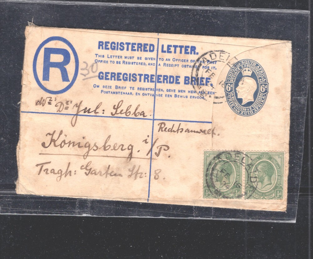 South  Africa  registered  postal  envelope  1924