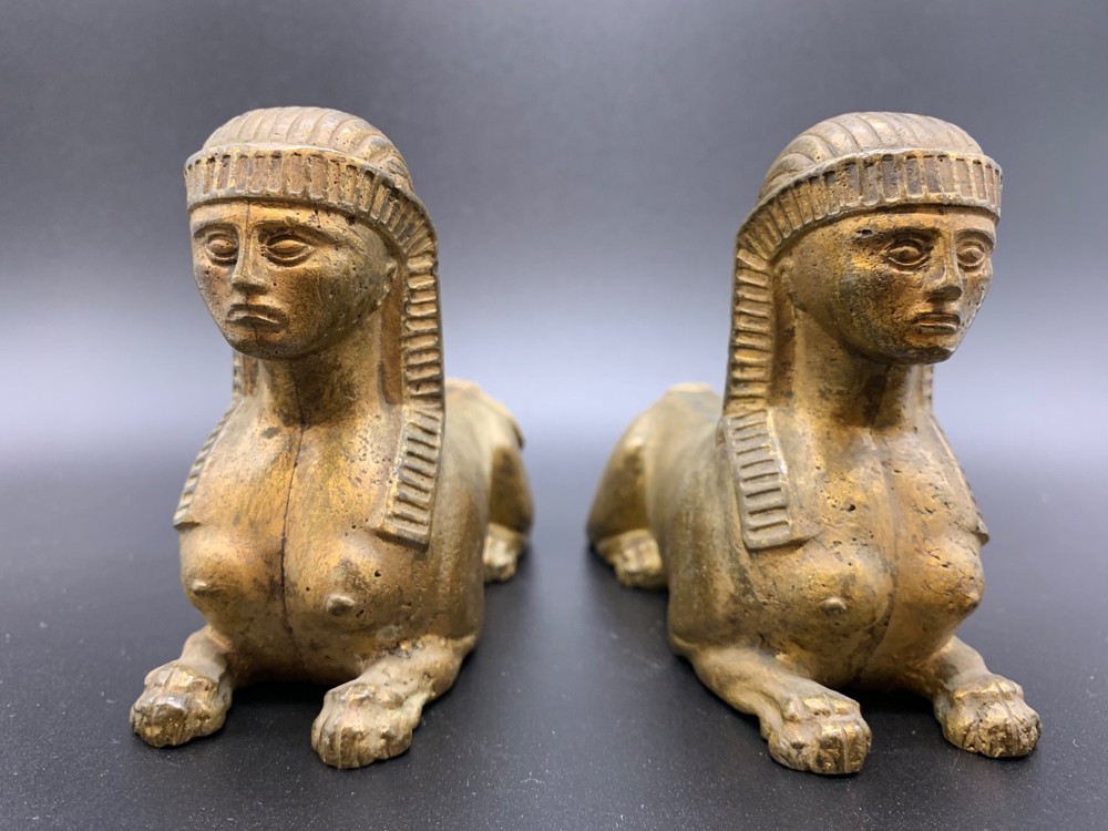 Antique Egyptian Revival Solid Brass Sphinx Pair of Figures