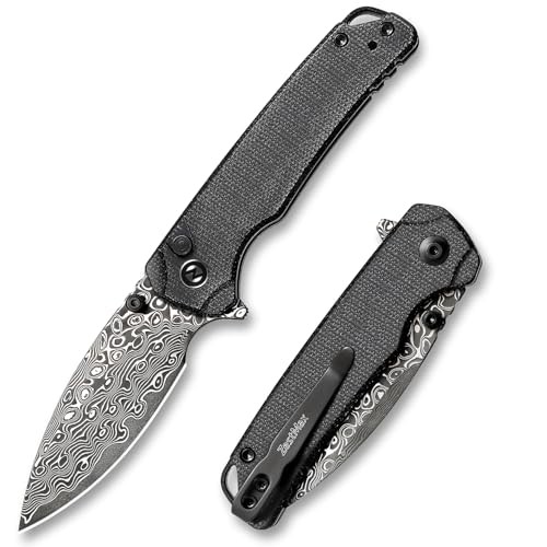 Damascus Folding Pocket Knife, 2.99" Blade Micarta Handle Sharp Cool Black