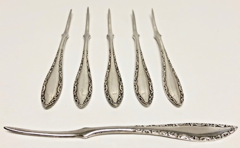 1847 Rogers Bros A1 Set of 6 ~ Solid Nut Pick ~ Savoy Pattern Silverplate, 1892