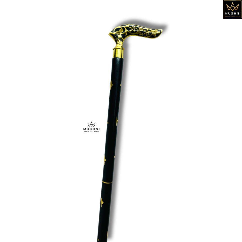 Walking Cane Foldable Brass Floral Handle Black Stick Mobility Gift Prop Use