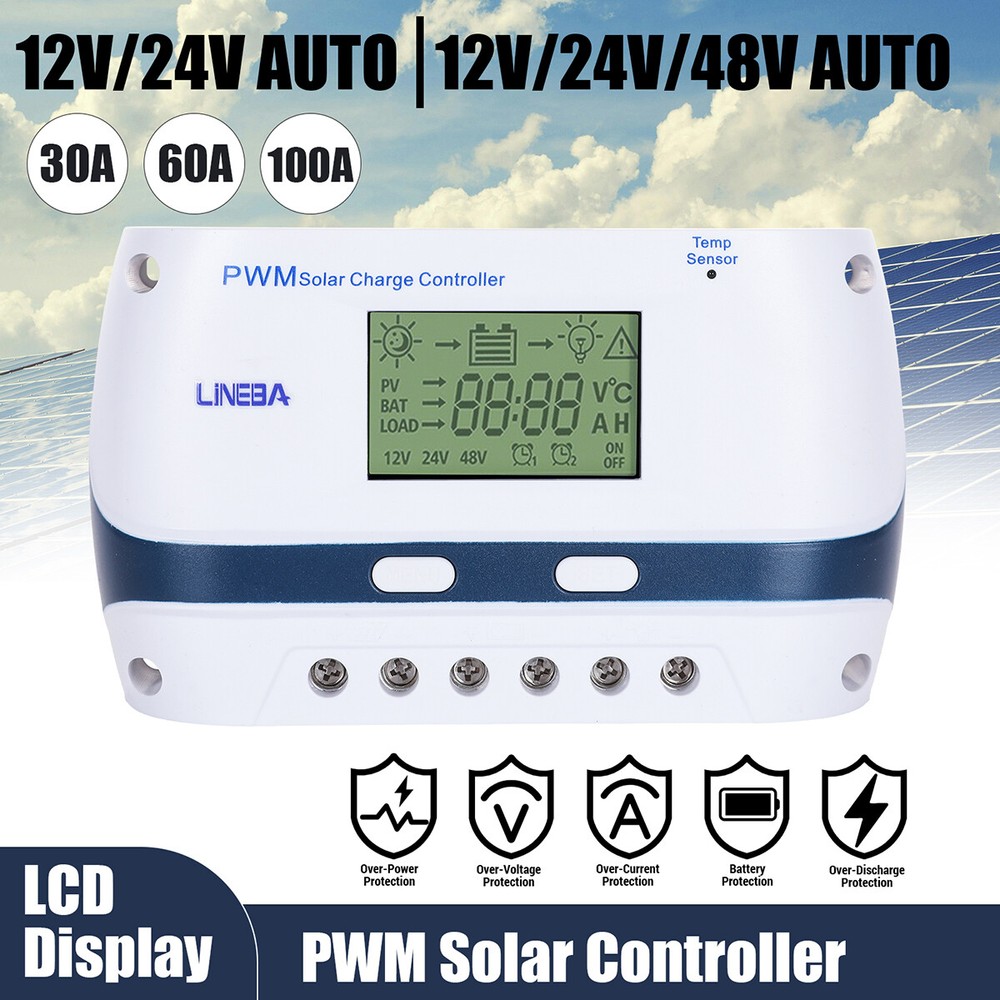 100A 60A 30A PWM Solar Panel Regulator Charge Controller Auto 12V/24V/48V USB