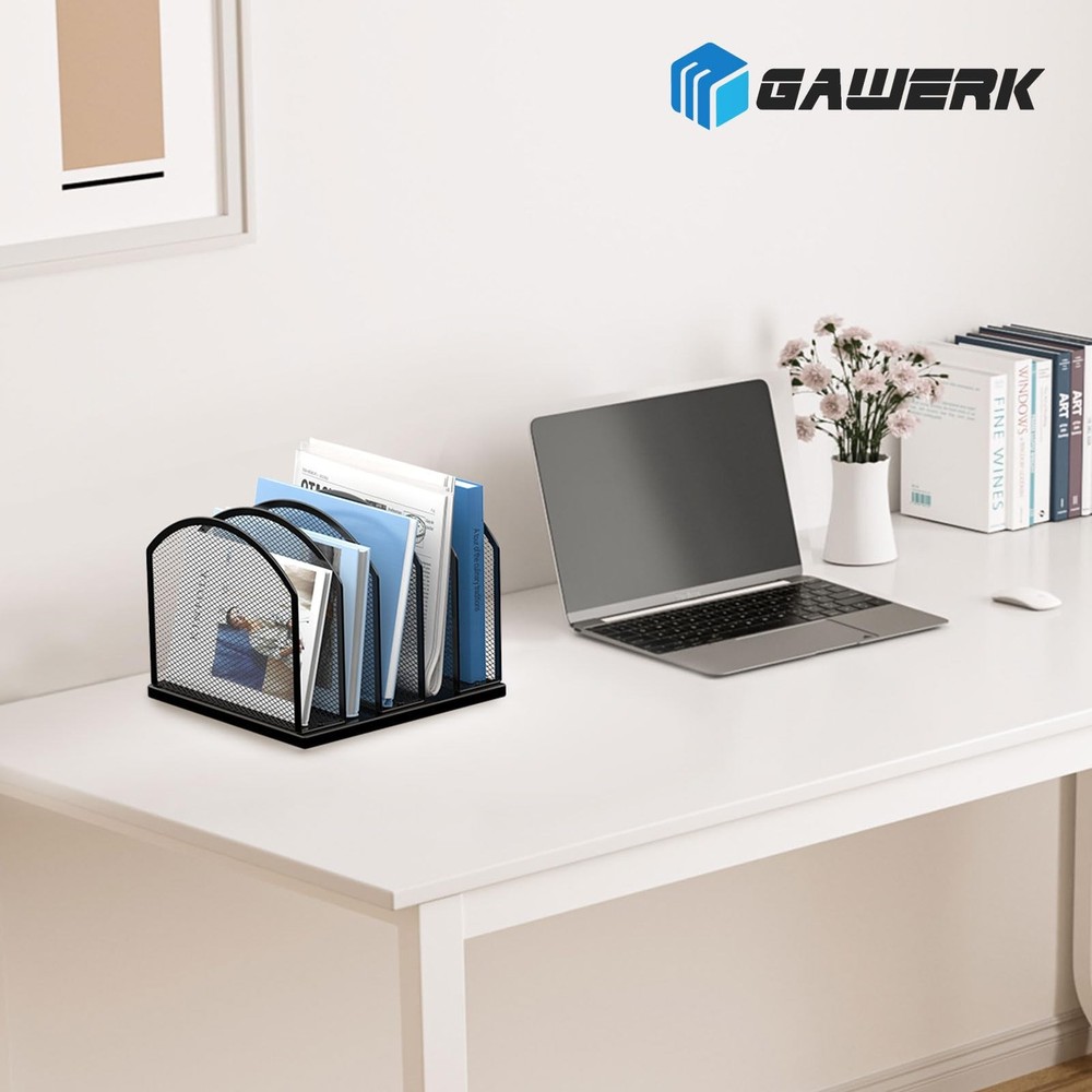 5-Section Vertical Desktop Organizer, 5-Section Mesh File Folder Stand Sorter...