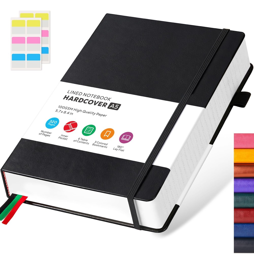 Hardcover Lined Notebook Journal for Writing, 320 Pages Leather A5, 2.Black
