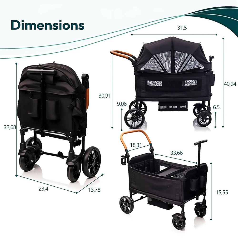 Luxury Wagon Stroller for 2 Kids & Cargo-Lightweight Foldable Travel Push Pull A