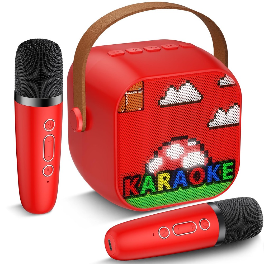 Mini Karaoke Machine, Portable Bluetooth Speaker with 2 Wireless Microphones ...