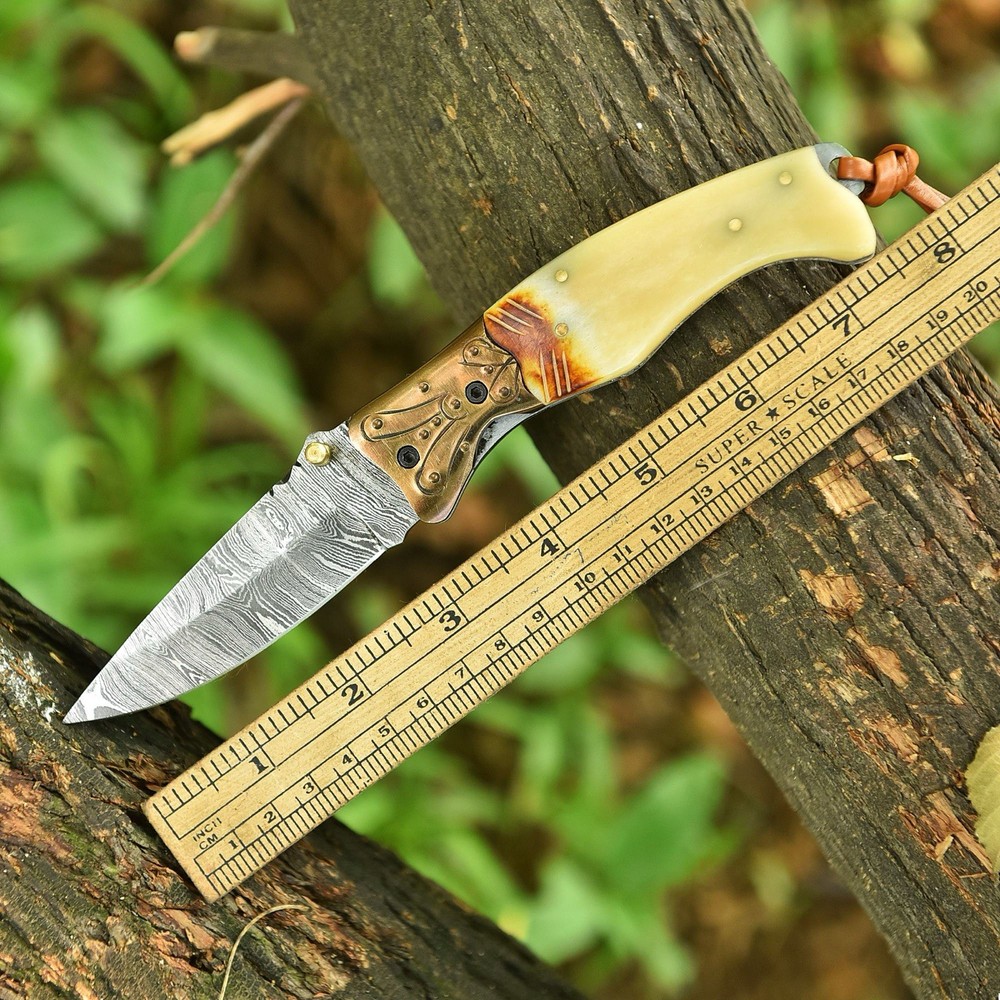 Damascus Folding Blade Pocket Knife Case -Original Camel Bone Handle