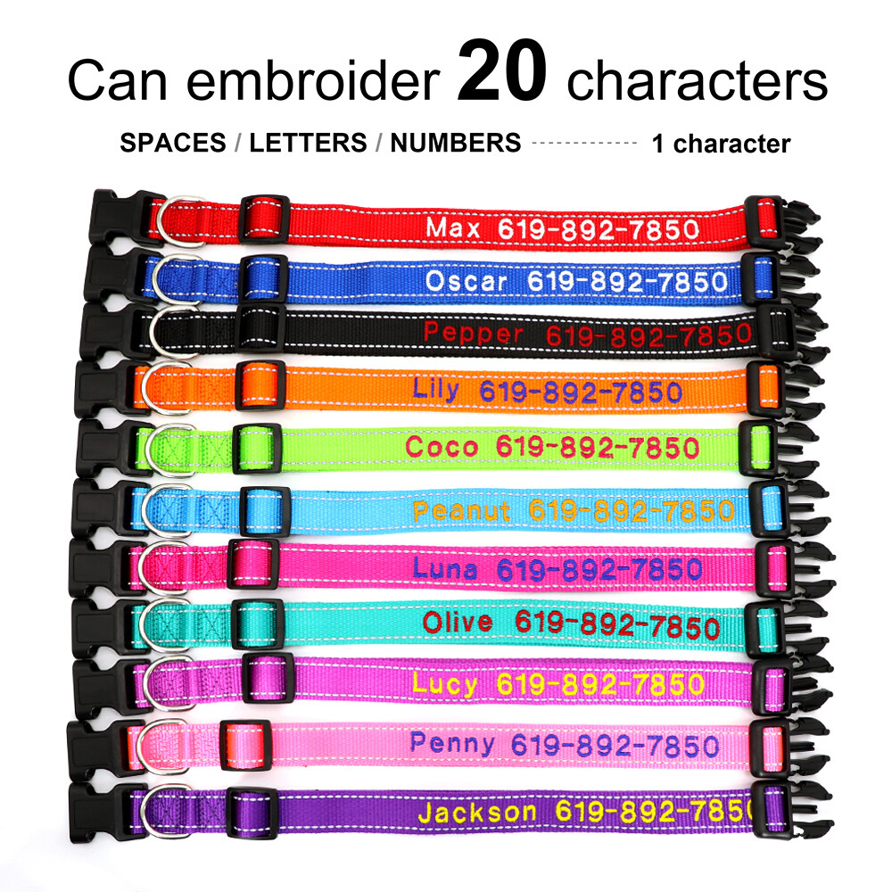 Embroidered Personalized Dog Collar Reflective Durable Nylon Custom Pet Name ID
