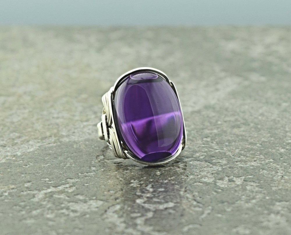 Handcrafted Sterling Silver Large Amethyst Quartz Wire Wrapped Ring