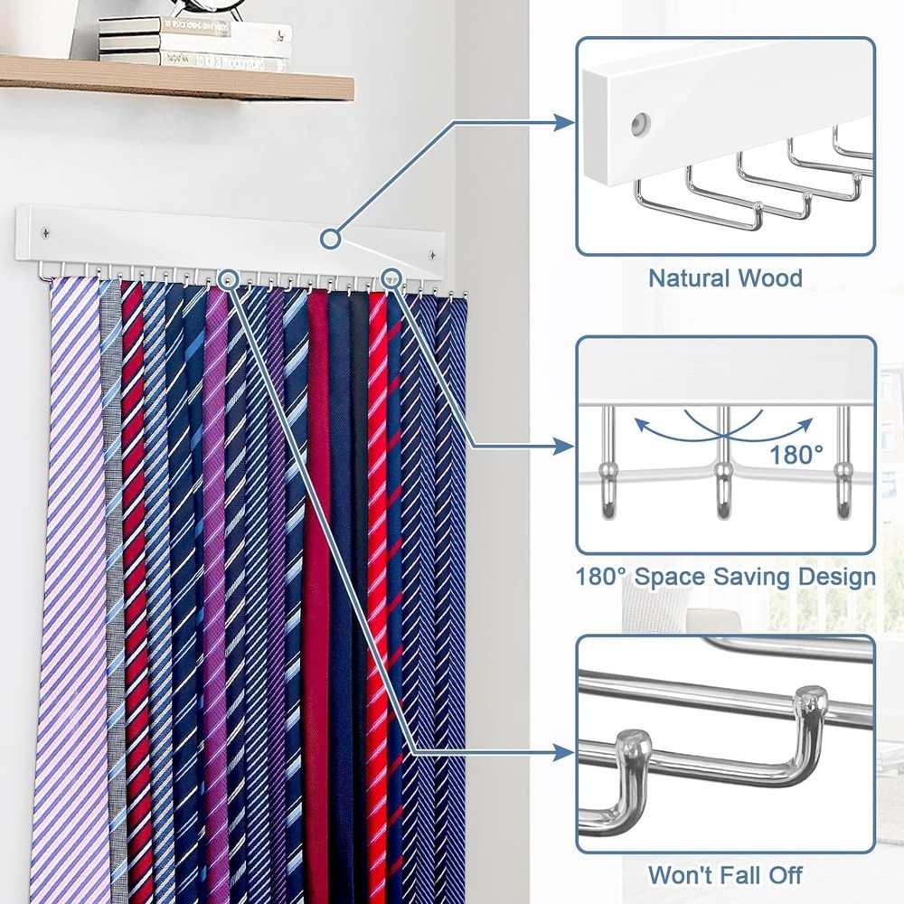Tie Rack Wall Mounted, Belt Organizer for Men with 20 1 Pack, White