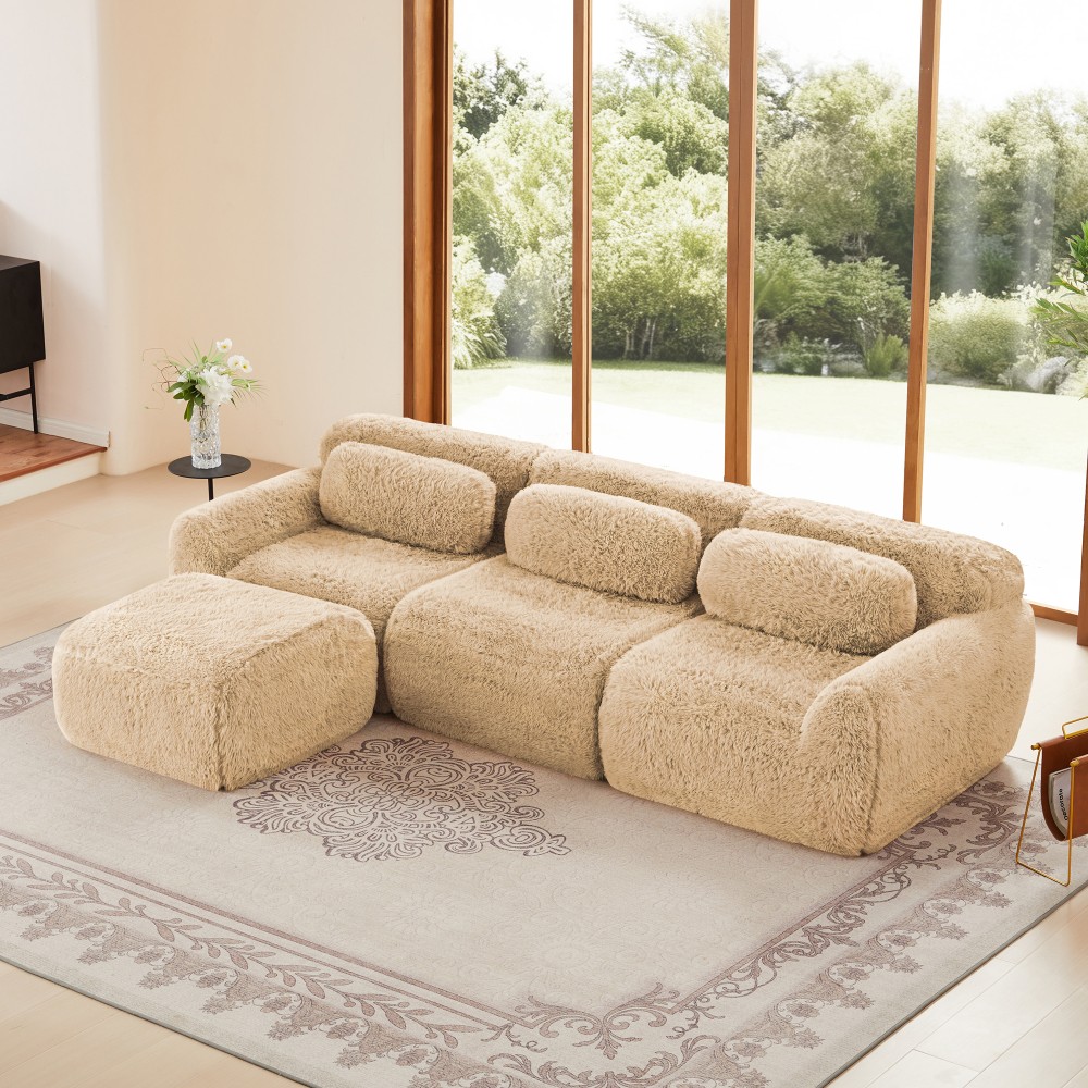 L-Shaped Plush Modular Sofa w/Ottoman, Light Khaki, No Assembly
