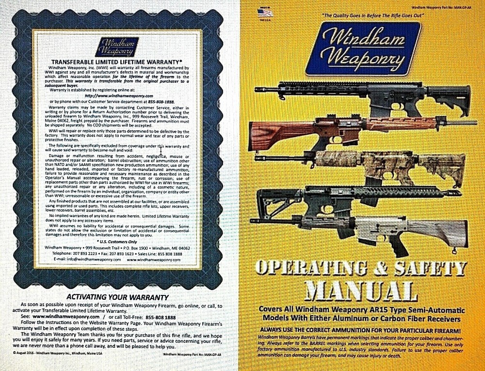 WINDHAM WEAPONRY --15 PLATFORM RIFLE OWNERS OPERATIONS MANUAL