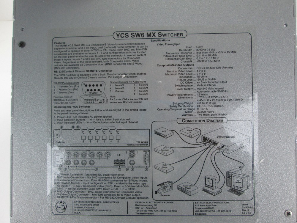 Extron YC Separator Switcher YCS SW6 MX Computer Composite S-Video Six Input