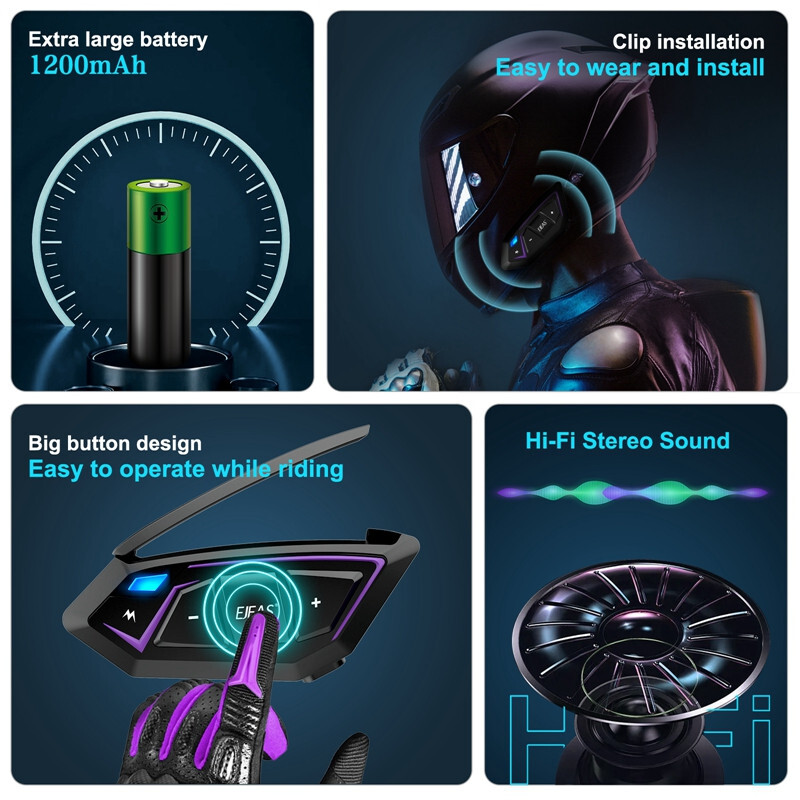 2Pcs Helmet Mesh Bluetooth Intercom Motorcycle Headset Communication 8 Riders