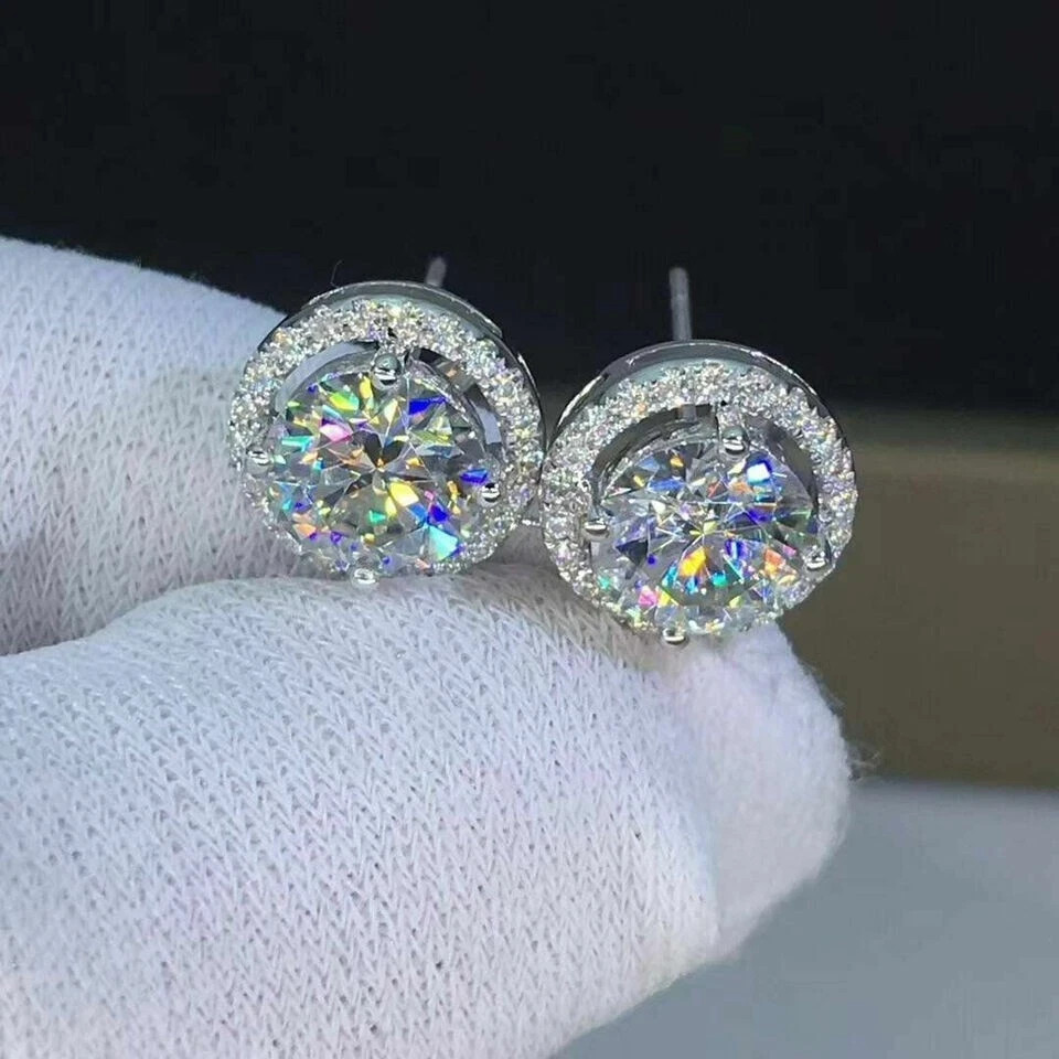 4Ct Lab Created Diamond Push Back Halo Stud Earrings Solid 14K White Gold Finish