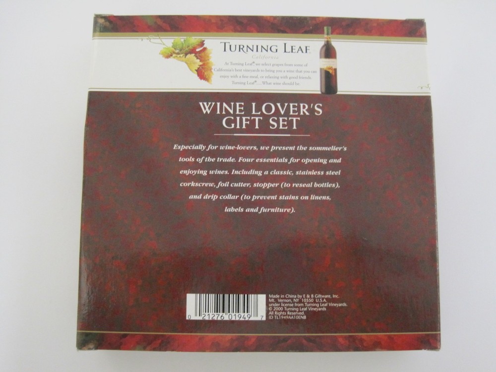 Turning Leaf Wine Lover's Gift Set. Corkscrew, Foil Cutter, Stopper, Drip Collar